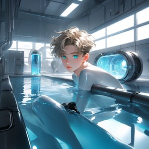 In a futuristic laboratory setting with vaulted white walls and a large pool of liquid, an android boy, with emerald eyes, steel gray hair, and discreet pink nose, lips, and knees, floats one meter above the floor. His body glows with a soft blue hue as mechanical extensions emerge from his limbs, seamlessly completing his white-skinned mechanical form. A cute blond-haired human boy peers out from behind a nearby assembly module, observing the android's unique composition.