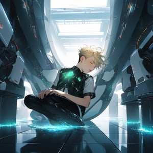 In a futuristic laboratory with vaulted white walls, an android boy floats one meter above the floor. His young male androgynous face is peaceful as he sleeps, emerald eyes closed, steel gray hair messy around his discreet pink nose, lips, and knees. The air is dimly lit, with only faint blue-green hues emanating from the assembly modules below.

As we gaze upon this epic visual scene, a cute blond boy in the distance looks on, seemingly oblivious to the android's mechanical transformation. Mechanical extensions rise from beneath the rail passage, as if conjuring pieces of the white-skinned android body from a large pool of liquid.