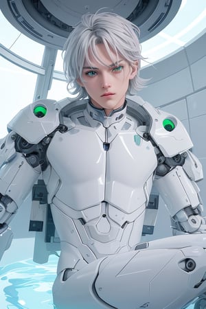young android boy, androgynous, slightly surprice expression, emerald eyes, steel-grey hair color, discrete pink nose lips and knees, his body being assembled in a laboratory with white walls or domed shapes, the pieces of his mechanical and white-skinned organic body come out through mechanical arms from a pool of liquid under his body, epic style,
