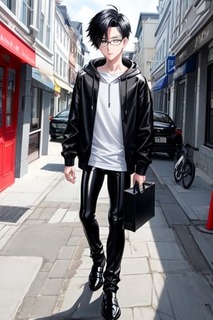 young androgynous boy in black lycra leggings and shirt dressed with open light grey hoodie and socks, pale skin, drop frame eyeglasses, hair cut is short youthful in layers for volume and long top strands towards the forehead, bicolor loafers, walking in a street with his laptop bag and a kia k3 red color car parked behind him,3d pixar style,