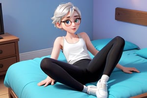 androgynous boy, with pale skin, Round eyeglasses, short hair color silver steel gray, flat chest wearing a withe tank top and black leggings with white socks, Loafers, 3d animated style, rest on the bed in his bedroom play videogames.,disney pixar style