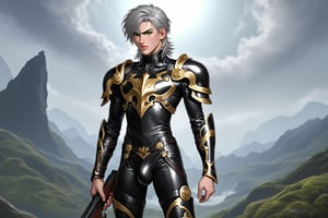 In a distant two-suns planet's alien valley, a young man with short grey hair and piercing green eyes, donning a rinoceros-shaped armor and black bodysuit, dashes forth. His androgynous features are accentuated by high cheekbones and a subtle jawline. He grasps black globes that hold a shotgun at the ready, his handsome face set in a determined expression. Mid-length hair blows back as he runs, revealing a glimpse of blonde locks beneath. Bulge-panted leather boots make him look both powerful and agile. Light lipstick adds a touch of sweetness to his pretty eyes, which seem to sparkle like the twin suns above.