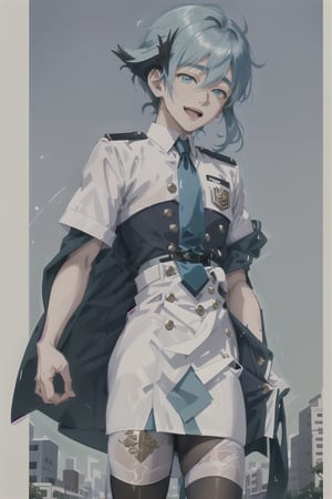 A shot framed to capture the joyous stride of an 18-year-old androgynous boy. cyan hair with white streak, His pale skin glistens in the soft afternoon light, as short steel gray hair frames his heartwarming smile. A crisp white shirt with a bold blue tie adds a touch of elegance, while black silk thigh-highs add a sense of edgy sophistication. The subject walks confidently down the middle of the street, surrounded by the hum of city life, yet lost in their own thoughts of happiness and freedom.,otoko_no_ko, pantyhose