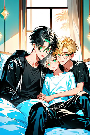 In a warmly lit bedroom, reminiscent of Ghilbi's whimsical world, three young male androgynous boyfriends snuggle together in a tender display of affection. Clad in black leather pants and matching shirts, their pale skin glows softly under the warm light. Short hair styled for volume frames youthful faces, with the gray-haired boyfriend's green eyes behind frame eyeglasses and his partner's black hair and heterochromia eyes standing out. Bicolor sneakers and backpacks complete their stylish ensembles. As they rest happily in bed, a blonde boy in a white outfit joins the snuggle party, adding to the warm and cozy atmosphere.