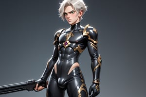 In a distant two-suns planet's alien valley, a young man with short grey hair and piercing green eyes, donning a rinoceros-shaped armor and black bodysuit, dashes forth. His androgynous features are accentuated by high cheekbones and a subtle jawline. He grasps black globes that hold a shotgun at the ready, his handsome face set in a determined expression. Mid-length hair blows back as he runs, revealing a glimpse of blonde locks beneath. Bulge-panted leather boots make him look both powerful and agile. Light lipstick adds a touch of sweetness to his pretty eyes, which seem to sparkle like the twin suns above.