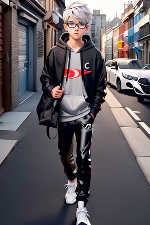 young androgynous boy in black thights lycra leggings and shirt dressed with open light grey hoodie and socks, pale skin, drop frame eyeglasses, hair cut is short youthful in layers for volume and long top strands towards the forehead, bicolor loafers, walking in a street with his laptop bag and a kia k3 red color car parked behind him,3d pixar style,Car,penis penetration,1Car