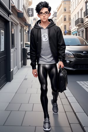 young androgynous boy in black thights lycra leggings and shirt dressed with open light grey hoodie and socks, pale skin, drop frame eyeglasses, hair cut is short youthful in layers for volume and long top strands towards the forehead, bicolor loafers, walking in a street with his laptop bag and a kia k3 red color car parked behind him,3d pixar style,Car