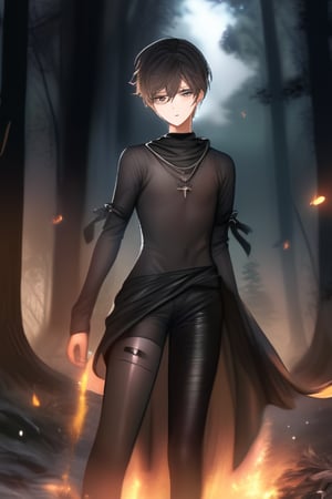 night, forest, cute boy figure, a slender and androgynous soft body young boy dressed with tight hot pants silk and shiny ancient outfit mystical formed from burning ashes, crows surround the scene at 3:00 am of the night,Her slender figure floats quickly along a forest path, leaving a trail of incandescent ashes, epic manga dark style, manga drawing, manga semi-realistic, anime, manga style, beautiful boy, handsome boy,  slender boy, body soft boy, anime boy, manga boy, tight outfit boy. black silk, semi-transparent,hight tights, dark ambient, night epic,earrings necklaces and ankle bracelets,