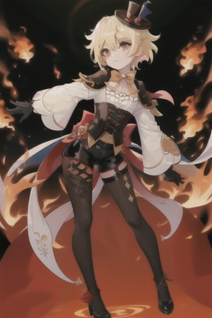 Lyney (genshin impact), boy with black and shiny high tights, black gloves, androgynous boy, top hat magician, soft and skinny body, white skin, rose cheeks and nose, short cut blonde hair, Full body shot, victorian corset with shorts and white sleeves tight on the forearms, doing a magician show with fire cards and a bow, Silly cat, highres,boy ,1boy,1guy