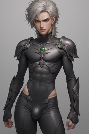 In a distant two-suns planet's alien valley, a young man with short grey hair and piercing green eyes, donning a rinoceros-shaped armor and black bodysuit, dashes forth. His androgynous features are accentuated by high cheekbones and a subtle jawline. He grasps black globes that hold a shotgun at the ready, his handsome face set in a determined expression. Mid-length hair blows back as he runs, revealing a glimpse of blonde locks beneath. Bulge-panted leather boots make him look both powerful and agile. Light lipstick adds a touch of sweetness to his pretty eyes, which seem to sparkle like the twin suns above.