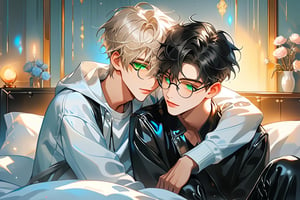 In a warm, golden-lit bedroom reminiscent of Ghilbi's whimsical world, two young male androgynous boyfriends snuggle together. The duo wears black leather pants and matching shirts, their pale skin glowing under the soft light. Short hair, styled in layers for volume with long top strands framing their faces, adds to their youthful charm.

The gray-haired boyfriend sports green eyes behind frame eyeglasses, while his partner dons black hair and heterochromia eyes, a unique feature that sets them apart. Bicolor sneakers and backpacks complete their stylish ensembles.

As they rest happily in bed, a blonde boy in a white outfit joins the snuggle party, adding to the warm and cozy atmosphere. The Ghilbi-inspired anime style brings this tender moment to life, capturing the love and affection between these two androgynous couples.