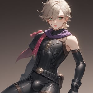 In a valley bathed in the warm glow of two setting suns on a distant planet, a young man with short grey hair and piercing green eyes, clad in a black bodysuit and rinoceros-shaped armor, dashes forth. His androgynous features are highlighted by high cheekbones and a subtle jawline as he grasps black globes containing a shotgun at the ready. The determined expression on his handsome face is set amidst mid-length hair blown back, revealing a glimpse of blonde locks beneath. Bulge-panted leather boots enhance his powerful yet agile appearance. Soft light lipstick adds a touch of sweetness to his sparkling green eyes, which seem to shine like the twin suns above.