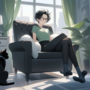 androgynous slim boy, necklace, wearing black pantys and high-thights socks, short black hair, pale skin, eyewear, sit with with her legs raised supported by her graceful arms and the tips of her feet up in a armchair, inside in a modern bedroom and fluffy black cat rest in window,

