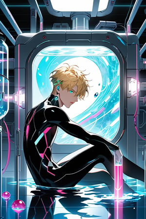 In Rebooting Life, a soft glow illuminates the futuristic laboratory setting, where vaulted white walls and a large pool of liquid converge to create a clinical atmosphere. An android boy, with piercing emerald eyes and delicate pink accents on his nose, lips, and knees, floats one meter above the floor, his mechanical form glowing softly blue as extensions emerge from his limbs, harmonizing with his synthetic body. In the background, a curious blond-haired human boy peeks out from behind an assembly module, captivated by the android's intricate composition.