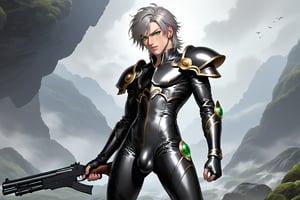 In a distant two-suns planet's alien valley, a young man with short grey hair and piercing green eyes, donning a rinoceros-shaped armor and black bodysuit, dashes forth. His androgynous features are accentuated by high cheekbones and a subtle jawline. He grasps black globes that hold a shotgun at the ready, his handsome face set in a determined expression. Mid-length hair blows back as he runs, revealing a glimpse of blonde locks beneath. Bulge-panted leather boots make him look both powerful and agile. Light lipstick adds a touch of sweetness to his pretty eyes, which seem to sparkle like the twin suns above.