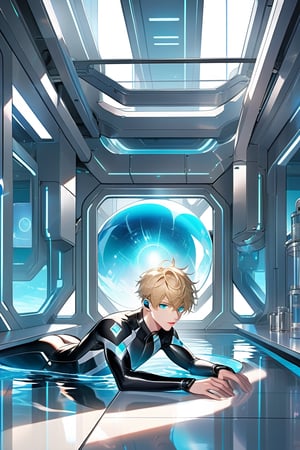 A warm blue glow emanates from the laboratory's polished white floor, casting a soft light on the futuristic setting: vaulted walls and a large pool of liquid converge to create a clinical atmosphere where a striking android boy floats one meter above the surface. His piercing emerald eyes gleam as delicate pink accents adorn his nose, lips, and knees. Soft blue hues harmonize with his synthetic body as extensions emerge from his limbs. In the background, a curious blond-haired human boy peeks out from behind an assembly module, captivated by the android's intricate composition.