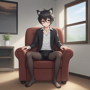 androgynous slim boy, necklace, wearing black pantys and black pantyhose, short black hair, pale skin, eyewear, sit with spread legs in a armchair, inside in a modern bedroom and fluffy black cat rest in window,