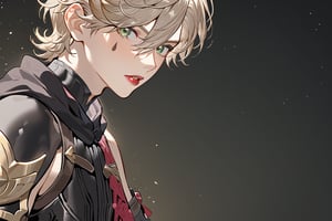 In a valley bathed in the warm glow of two setting suns on a distant planet, a young man with short grey hair and piercing green eyes, clad in a black bodysuit and rinoceros-shaped armor, dashes forth. His androgynous features are highlighted by high cheekbones and a subtle jawline as he grasps black globes containing a shotgun at the ready. The determined expression on his handsome face is set amidst mid-length hair blown back, revealing a glimpse of blonde locks beneath. Bulge-panted leather boots enhance his powerful yet agile appearance. Soft light lipstick adds a touch of sweetness to his sparkling green eyes, which seem to shine like the twin suns above.