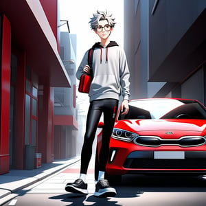 young androgynous boy in black thights lycra leggings and shirt dressed with open light grey hoodie and socks, pale skin, drop frame eyeglasses, hair cut is short youthful in layers for volume and long top strands towards the forehead, bicolor loafers, walking in a street with his laptop bag and a kia k3 red color car parked behind him,3d pixar style,Car

