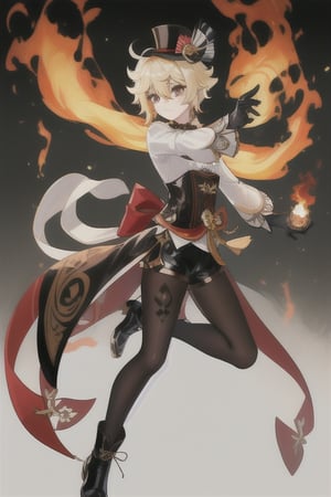 Lyney (genshin impact), boy with black and shiny high tights, black gloves, androgynous boy, top hat magician, soft and skinny body, white skin, rose cheeks and nose, short cut blonde hair, Full body shot, victorian corset with shorts and white sleeves, doing a magician show with fire cards and a bow, Silly cat, highres,boy ,1boy, victorian Mid-Calf Boots Black Leather,