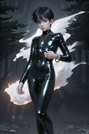 night, tight dress, metalic necklaces and ankle bracelets, dress, mannered cute boy soft and ghostly figure, pale androgynous soft body young boy dressed with tight bodysuit silk or lycra and shiny outfit mysticaly formed from burning ashes at night in forest, epic manga dark style, beautiful boy, handsome boy, slender boy, body soft boy, anime boy, manga boy, tight outfit boy. black silk, semi-transparent, translucid suit, hight tights, dark ambient, night epic