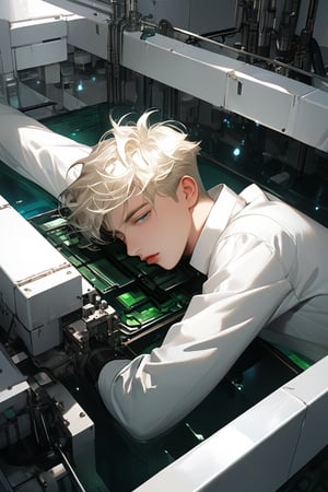android boy, young male androgynous, 
sleeping, emerald eyes, steel gray hair, discreet pink nose, lips and knees, his body floating one meter from the floor passes through assembly modules that complete it in a laboratory with white walls of shapes Vaulted, the pieces of its white-skinned mechanical body emerge through mechanical extensions from a large pool of liquid under its rail passage, epic visual style,cute blond boy.