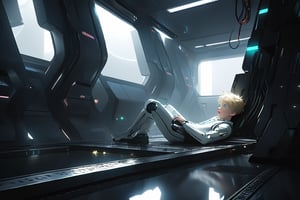 In a futuristic laboratory with vaulted white walls, an android boy floats one meter above the floor. His young male androgynous face is peaceful as he sleeps, emerald eyes closed, steel gray hair messy around his discreet pink nose, lips, and knees. The air is dimly lit, with only faint blue-green hues emanating from the assembly modules below.

As we gaze upon this epic visual scene, a cute blond boy in the distance looks on, seemingly oblivious to the android's mechanical transformation. Mechanical extensions rise from beneath the rail passage, as if conjuring pieces of the white-skinned android body from a large pool of liquid.