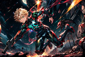 In a distant two-suns planet's alien valley, a young man with short grey hair and piercing green eyes, donning a rinoceros-shaped armor and black bodysuit, dashes forth. His androgynous features are accentuated by high cheekbones and a subtle jawline. He grasps black globes that hold a shotgun at the ready, his handsome face set in a determined expression. Mid-length hair blows back as he runs, revealing a glimpse of blonde locks beneath. Bulge-panted leather boots make him look both powerful and agile. Light lipstick adds a touch of sweetness to his pretty eyes, which seem to sparkle like the twin suns above.