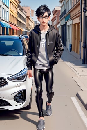 young androgynous boy in black thights lycra leggings and shirt dressed with open light grey hoodie and socks, pale skin, drop frame eyeglasses, hair cut is short youthful in layers for volume and long top strands towards the forehead, bicolor loafers, walking in a street with his laptop bag and a kia k3 red color car parked behind him,3d pixar style,Car,penis penetration,1Car,Very crowded city