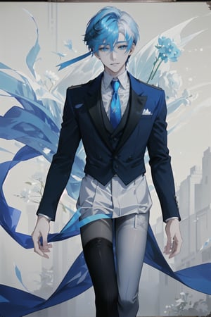 A shot framed to capture the joyous stride of an 18-year-old androgynous boy. cyan hair with white streak, His pale skin glistens in the soft afternoon light, as short steel gray hair frames his heartwarming smile. A crisp white shirt with a bold blue tie adds a touch of elegance, while black silk thigh-highs add a sense of edgy sophistication. The subject walks confidently down the middle of the street, surrounded by the hum of city life, yet lost in their own thoughts of happiness and freedom.,otoko_no_ko, pantyhose