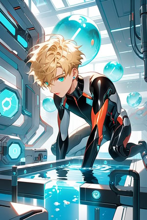 In Rebooting Life, a soft glow illuminates the futuristic laboratory setting, where vaulted white walls and a large pool of liquid converge to create a clinical atmosphere. An android boy, with piercing emerald eyes and delicate pink accents on his nose, lips, and knees, floats one meter above the floor, his mechanical form glowing softly blue as extensions emerge from his limbs, harmonizing with his synthetic body. In the background, a curious blond-haired human boy peeks out from behind an assembly module, captivated by the android's intricate composition.