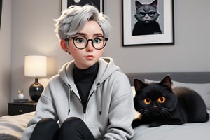 androgynous, young boy, with pale skin, Round eyeglasses, discreet masculine earrings, short hair color black, wearing a light gray hoodie and black tight lycra leggings, Loafers, 3d animated style, with his black furry cat They both rest comfortably on the bed in the modern-looking and decorated bedroom before work in the laptop,