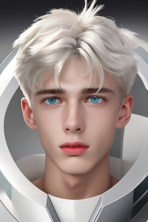 young android boy, androgynous, slightly surprice expression, emerald eyes, steel-grey hair color, discrete pink nose lips and knees, his body being assembled in a laboratory with white walls or domed shapes, the pieces of his mechanical and white-skinned organic body come out through mechanical arms from a pool of liquid under his body, epic style,Sci Fi,(MkmCut),cute blond boy