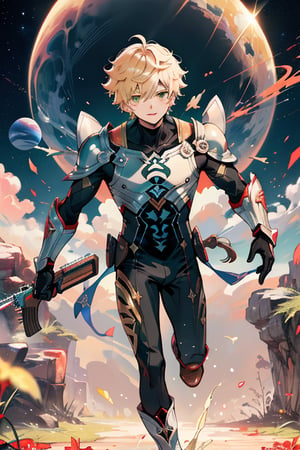 short grey hair and green eyes slim human boy with a rinoceros shape armor and black bodysuit , androgynous face, black globes holding a shotgun and high thigh leather boots, running in the alien valley in a distant two suns planet, genshin impact style,bulgepanty,1boy, man, young man, blonde hair, brown eyes, pretty eyes, sweet boy, Korean webtoon boy, asian eyes, light lipstick, handsome face, pretty face, mid lenght hair.,4esthet1c