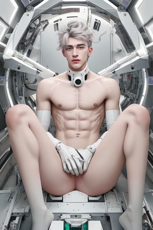 young android boy, androgynous, slightly surprice expression, emerald eyes, steel-grey hair color, discrete pink nose lips and knees, his body being assembled in a laboratory with white walls or domed shapes, the pieces of his mechanical and white-skinned organic body come out through mechanical arms from a pool of liquid under his body, epic style,Sci Fi,(MkmCut)