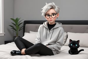 androgynous, young boy, with pale skin, Round eyeglasses, discreet masculine earrings, short hair color black, wearing a light gray hoodie and black tight lycra leggings, Loafers, 3d animated style, with his black furry cat They both rest comfortably on the bed in the modern-looking and decorated bedroom before work in the laptop,