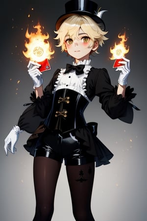 Lyney (genshin impact), boy with black and shiny high tights, black gloves, androgynous boy, top hat magician, soft and skinny body, white skin, rose cheeks and nose, short cut blonde hair, Full body shot, victorian corset with shorts and white sleeves tight on the forearms, doing a magician show with fire cards and a bow, Silly cat, highres,boy ,1boy
