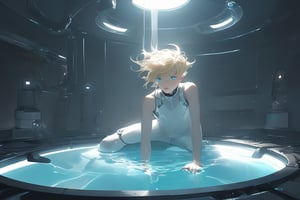 In a futuristic laboratory setting with vaulted white walls and a large pool of liquid, an android boy, with emerald eyes, steel gray hair, and discreet pink nose, lips, and knees, floats one meter above the floor. His body glows with a soft blue hue as mechanical extensions emerge from his limbs, seamlessly completing his white-skinned mechanical form. A cute blond-haired human boy peers out from behind a nearby assembly module, observing the android's unique composition, artist name.