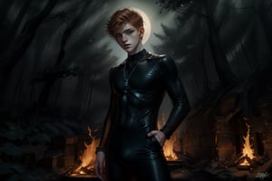 A midnight forest scene: a ghostly, androgynous young boy with pale skin and soft features is dressed in a tight, semi-transparent bodysuit made of black silk or lycra. The outfit shimmers like burning ashes, accentuating the boy's slender physique. Metallic necklaces and ankle bracelets glint in the darkness. His mannered pose exudes an air of mystique as he stands amidst the shadows, his dark ambient surroundings amplifying the sense of mystery.