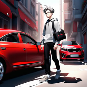 young androgynous boy in black thights lycra leggings and shirt dressed with open light grey hoodie and socks, pale skin, drop frame eyeglasses, hair cut is short youthful in layers for volume and long top strands towards the forehead, bicolor loafers, walking in a street with his laptop bag and a kia k3 red color car parked behind him,3d pixar style,Car

