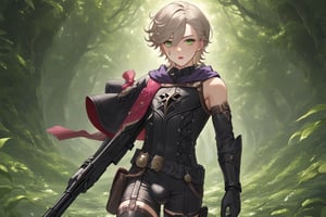 In a valley bathed in the warm glow of two setting suns on a distant planet, a young man with short grey hair and piercing green eyes, clad in a black bodysuit and rinoceros-shaped armor, dashes forth. His androgynous features are highlighted by high cheekbones and a subtle jawline as he grasps black globes containing a shotgun at the ready. The determined expression on his handsome face is set amidst mid-length hair blown back, revealing a glimpse of blonde locks beneath. Bulge-panted leather boots enhance his powerful yet agile appearance. Soft light lipstick adds a touch of sweetness to his sparkling green eyes, which seem to shine like the twin suns above.