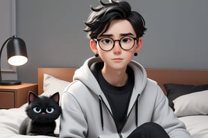 androgynous, young boy, with pale skin, Round eyeglasses, discreet masculine earrings, short hair color black, wearing a light gray hoodie and black lycra leggings, Loafers, 3d animated style, with his black furry cat They both rest comfortably on the bed in the modern-looking and decorated bedroom before work in the laptop,