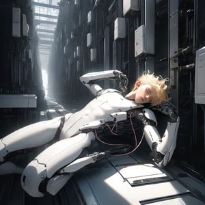android boy, young male androgynous, 
sleeping, emerald eyes, steel gray hair, discreet pink nose, lips and knees, his body floating one meter from the floor passes through assembly modules that complete it in a laboratory with white walls of shapes Vaulted, the pieces of its white-skinned mechanical body emerge through mechanical arms from a large pool of liquid under its rail passage, epic visual style,cute blond boy,Mod1el1
