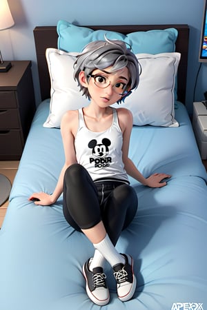 androgynous boy, with pale skin, Round eyeglasses, short hair color silver steel gray, flat chest wearing a withe tank top and black leggings with white socks, Loafers, 3d animated style, rest on the bed in his bedroom play videogames.,disney pixar style,APEX colourful ,SHOE ,Apoloniasxmasbox,Tonikaku 