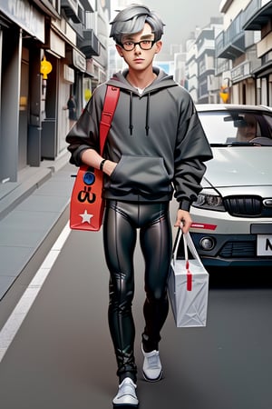 young androgynous boy in black thights lycra leggings and shirt dressed with open light grey hoodie and socks, pale skin, drop frame eyeglasses, hair cut is short youthful in layers for volume and long top strands towards the forehead, bicolor loafers, walking in a street with his laptop bag and a kia k3 red color car parked behind him,3d pixar style,Car,penis penetration,1Car