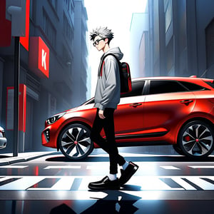 young androgynous boy in black thights lycra leggings and shirt dressed with open light grey hoodie and socks, pale skin, drop frame eyeglasses, hair cut is short youthful in layers for volume and long top strands towards the forehead, bicolor loafers, walking in a street with his laptop bag and a kia k3 red color car parked behind him,3d pixar style,Car

