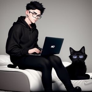 androgynous, boy, with pale skin, Round eyeglasses, discreet masculine earrings, short hair color black, wearing a sligh gray hoodie and black lycra leggings, Loafers, 3d animated style, with his black furry cat sleep in his bed before work in the laptop