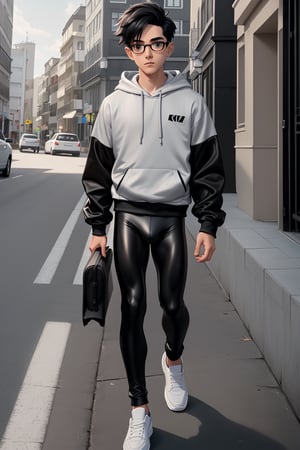 young androgynous boy in black thights lycra leggings and shirt dressed with open light grey hoodie and socks, pale skin, drop frame eyeglasses, hair cut is short youthful in layers for volume and long top strands towards the forehead, bicolor loafers, walking in a street with his laptop bag and a kia k3 red color car parked behind him,3d pixar style,