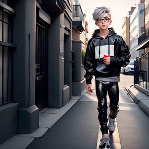 young androgynous boy in black thights lycra leggings and shirt dressed with open light grey hoodie and socks, pale skin, drop frame eyeglasses, hair cut is short youthful in layers for volume and long top strands towards the forehead, bicolor loafers, walking in a street with his laptop bag and a kia k3 red color car parked behind him,3d pixar style,Car,penis penetration,1Car