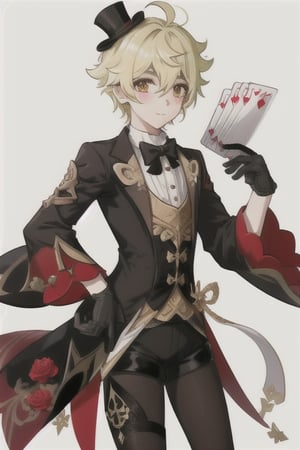 Lyney (genshin impact), boy with black and shiny high tights, black gloves, androgynous boy, top hat magician, soft and skinny body, white skin, rose cheeks and nose, short cut blonde hair, Full body shot, victorian corset with shorts and white sleeves, doing a magician show with fire cards and a bow, Silly cat, highres,boy ,1boy,1guy